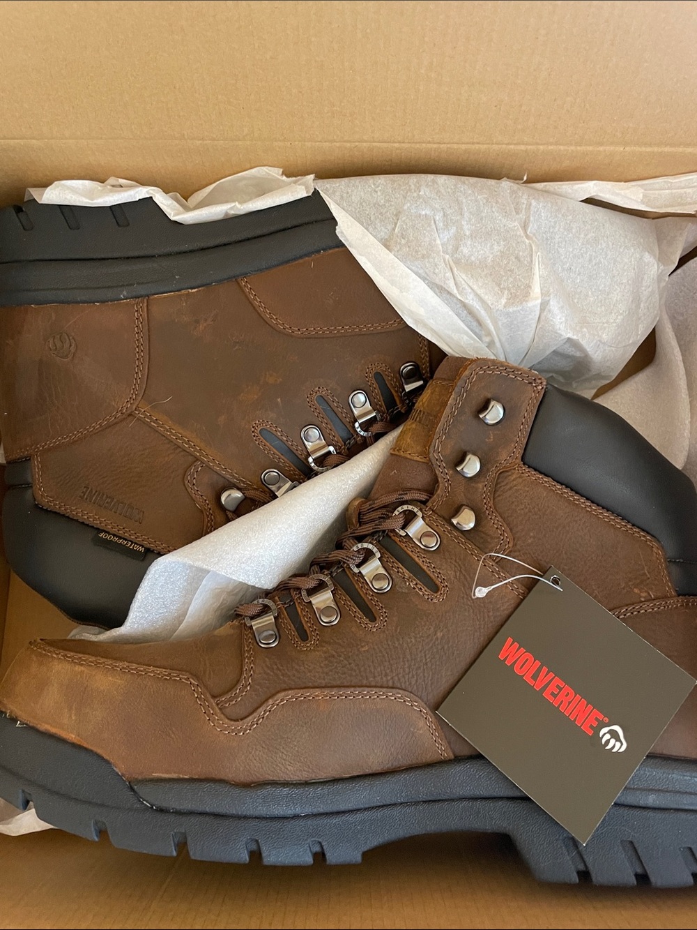 NiB Wolverine Brown Steel Toe Leather Lace-Up Work Boots with Black Outsole